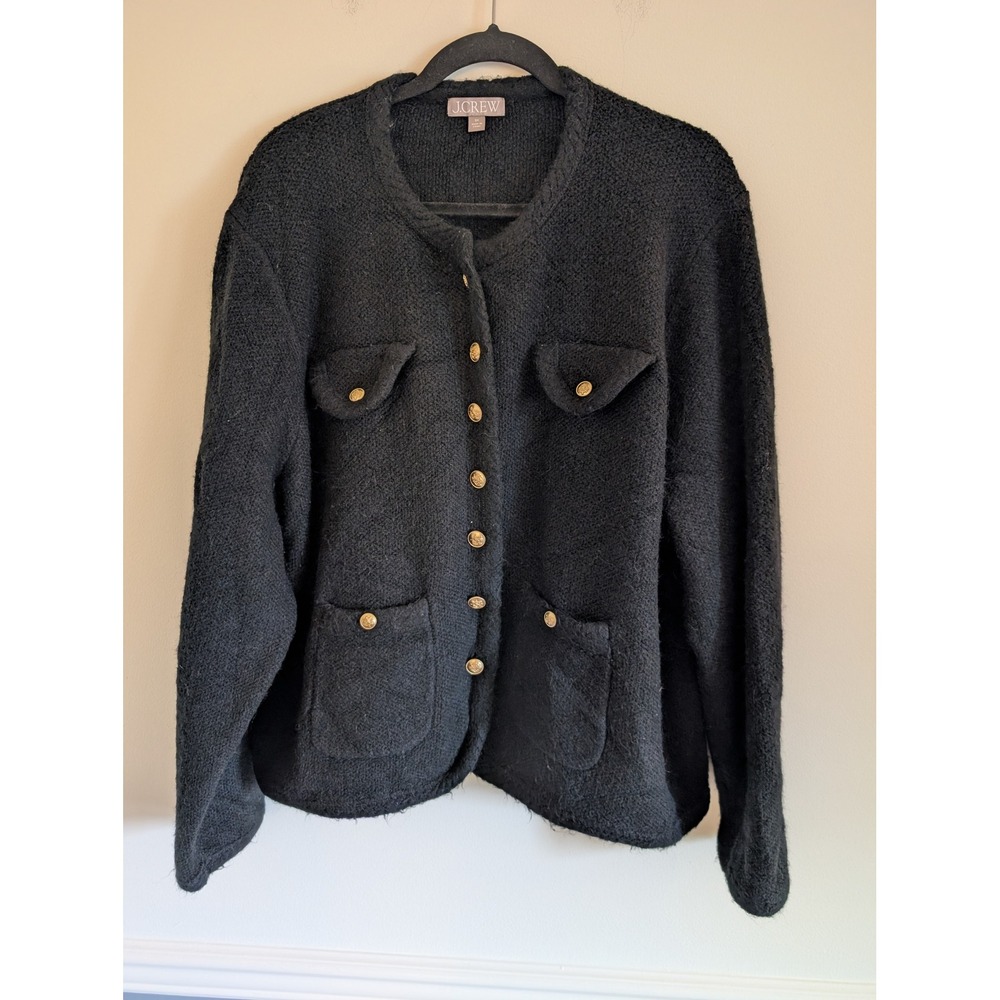 J.Crew Textured Sweater Lady Jacket Black Merino Alpaca Blend Gold Buttons 3X